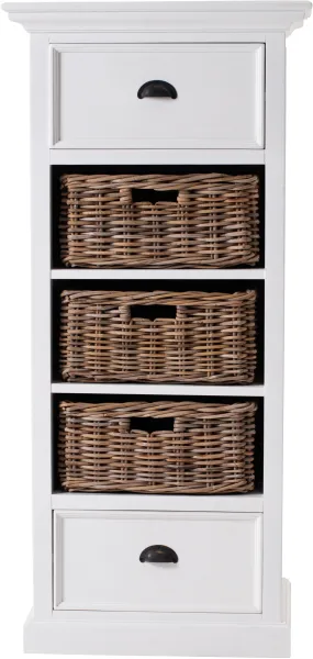 NOVASOLO Halifax Grand kommode, m. 2 skuffer og 3 rattan kurve - hvit mahogni og antikk messing