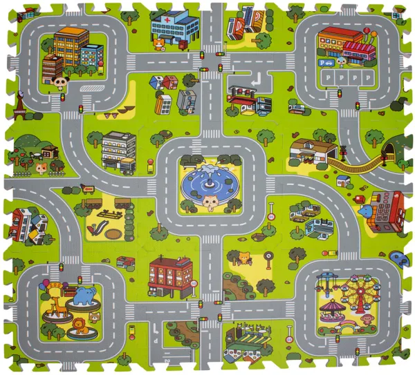 Lekematte med vei og by skum. 9 felt